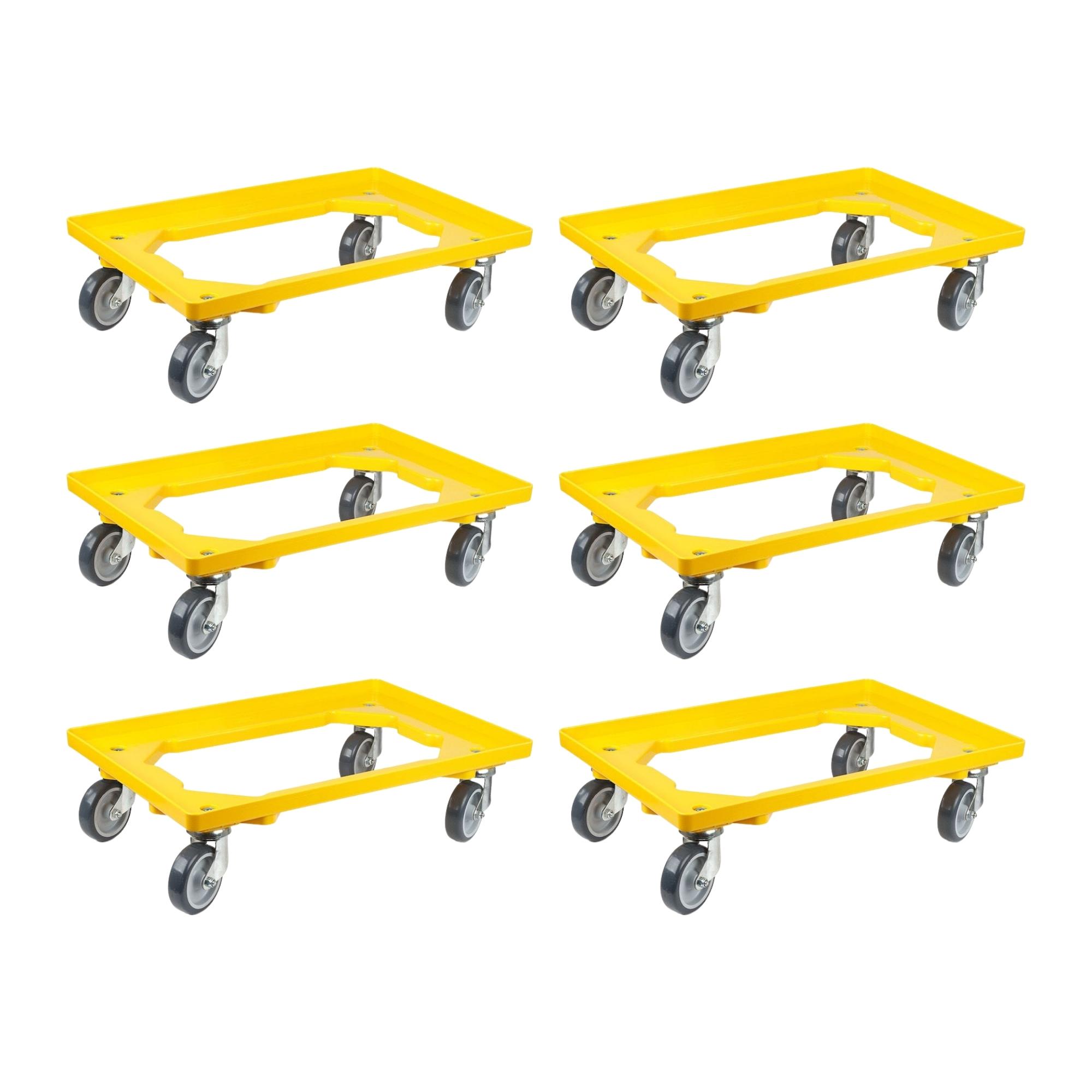 SparSet 6x Transportroller für Euroboxen 60x40cm mit Gummiräder gelb | Offenes Deck | 2 Lenkrollen & 2 Bockrollen | Traglast 300kg | Kistenroller Logistikroller Rollwagen Profi-Fahrgestell