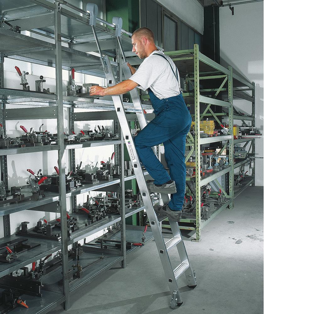 Aluminium-Regalleiter FALKE | 12 Stufen | Arbeitshöhe 430cm | Breite 42cm | Fahrbar | 2 selbstarretierende Bremsrollen Ø 80 mm
