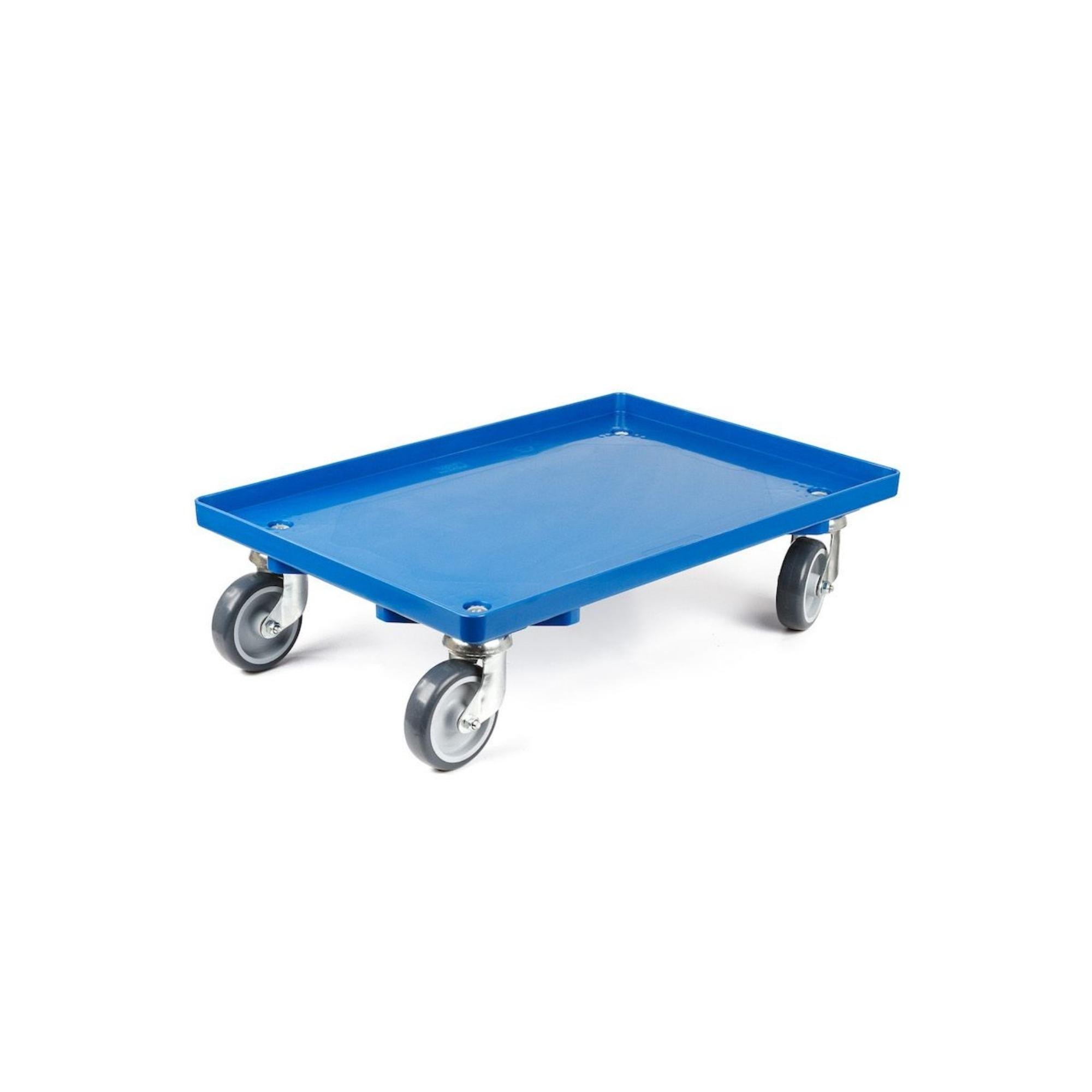 Transportroller für Euroboxen 60x40cm mit Gummiräder blau | Geschlossenes Deck | 2 Lenkrollen & 2 Bockrollen | Traglast 300kg | Kistenroller Logistikroller Rollwagen Profi-Fahrgestell
