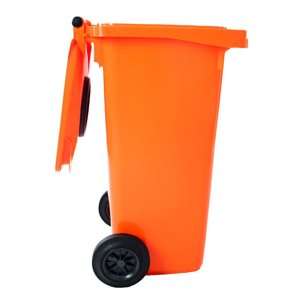 PROREGAL Premium 2-Rad-Mülltonne MGB mit Einwurfrosette für Flaschen & Dosen | 120 Liter, HxBxT 97,4x47,9x55,5cm | HDPE-Kunststoff | Orange