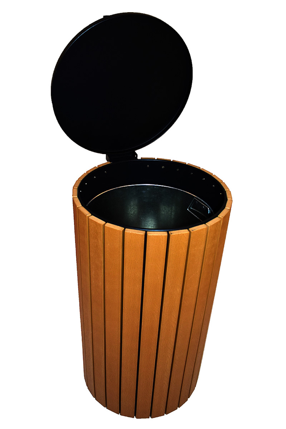 Robuster Abfallbehälter für den Außenbereich mit verzinktem Innenbehälter | 90 Liter, HxØ 86x46cm | Holzoptik, Anthrazit