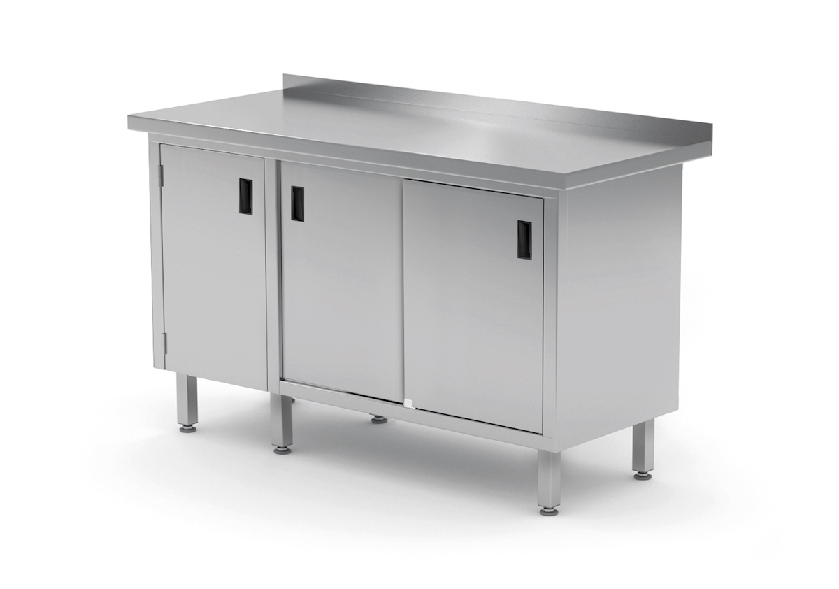 Edelstahl Gastro-Arbeitstisch mit 1 Klapptür links und 2 Schiebetüren | AISI 430 Qualität | HxBxT 85x150x60cm