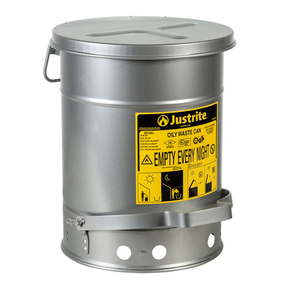 Justrite Sicherheits Öl-Entsorgungsbehälter aus Stahl mit Pedalöffnung & Geräuschunterdrückung | 23 Liter | Verzinkter Stahl | Silber