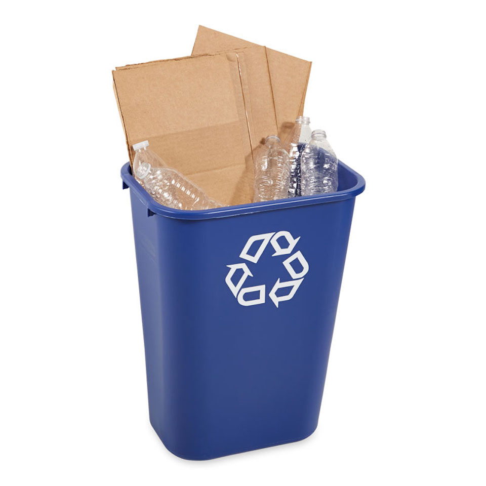 Rubbermaid rechteckiger Abfallbehälter | 39 Liter, HxBxT 50,5x27,9x38,7cm | Polyethylen | Blau mit Recyclingsymbol