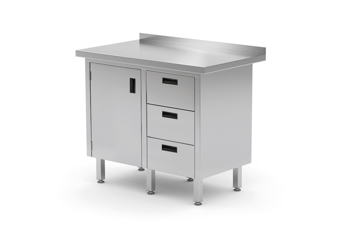 Edelstahl Gastro-Arbeitstisch mit 3 Schubladen und 1 Klapptür | AISI 430 Qualität | HxBxT 85x90x60cm