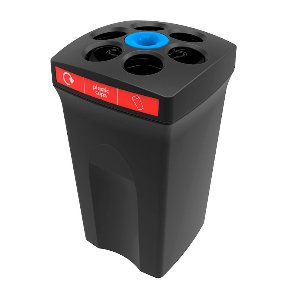 Robuster Bechersammler EnvirocupXL "Plastikbecher" | 110 Liter, HxBxT 80,3x44,5x44,5cm | Polyethylen | Schwarz mit rotem Akzentstreifen