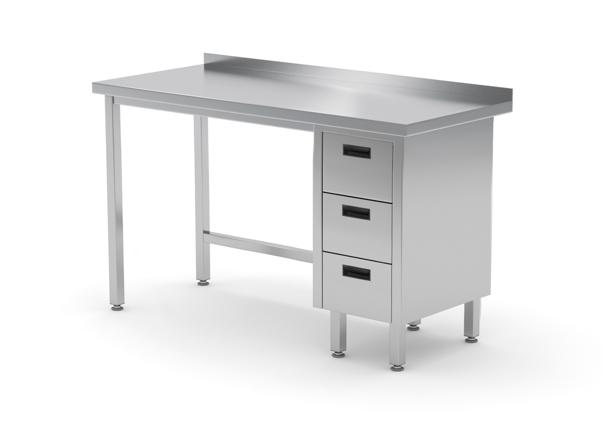Edelstahl Gastro-Arbeitstisch mit 3 Schubladen rechts und Aufkantung | AISI 430 Qualität | HxBxT 85x80x70cm