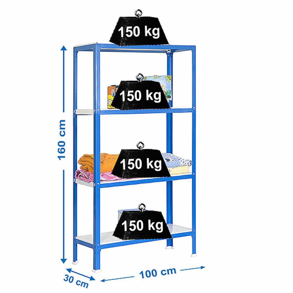Wohnregal LIVING KOALA METAL mit 4 Fachböden | HxBxT 160x100x30cm | Fachlast 150kg | Blau/Weiß