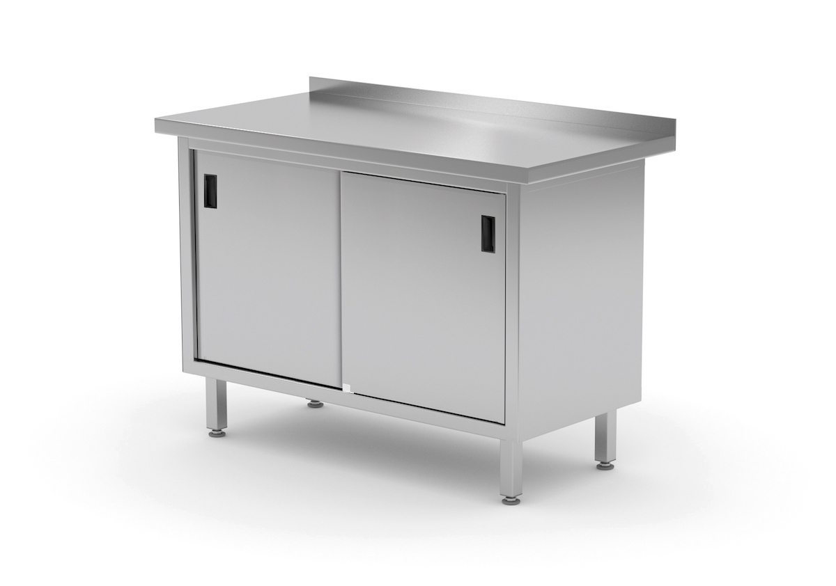 Edelstahl Gastro-Arbeitstisch mit Schiebetüren | AISI 430 Qualität | HxBxT 85x90x70cm