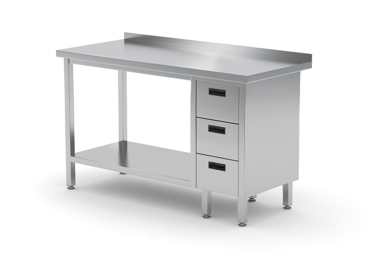 Edelstahl Gastro-Arbeitstisch mit 3 Schubladen rechts sowie Grundboden und Aufkantung | AISI 430 Qualität | HxBxT 85x100x70cm