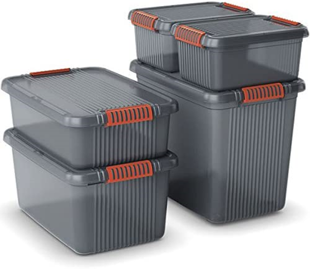 SuperSparSet 20x Mehrzweck Aufbewahrungsbehälter MANATEE mit Deckel | HxBxT 39x59x28cm| 42 Liter | Grau/Orange | Behälter, Box, Aufbewahrungsbehälter, Aufbewahrungsbox