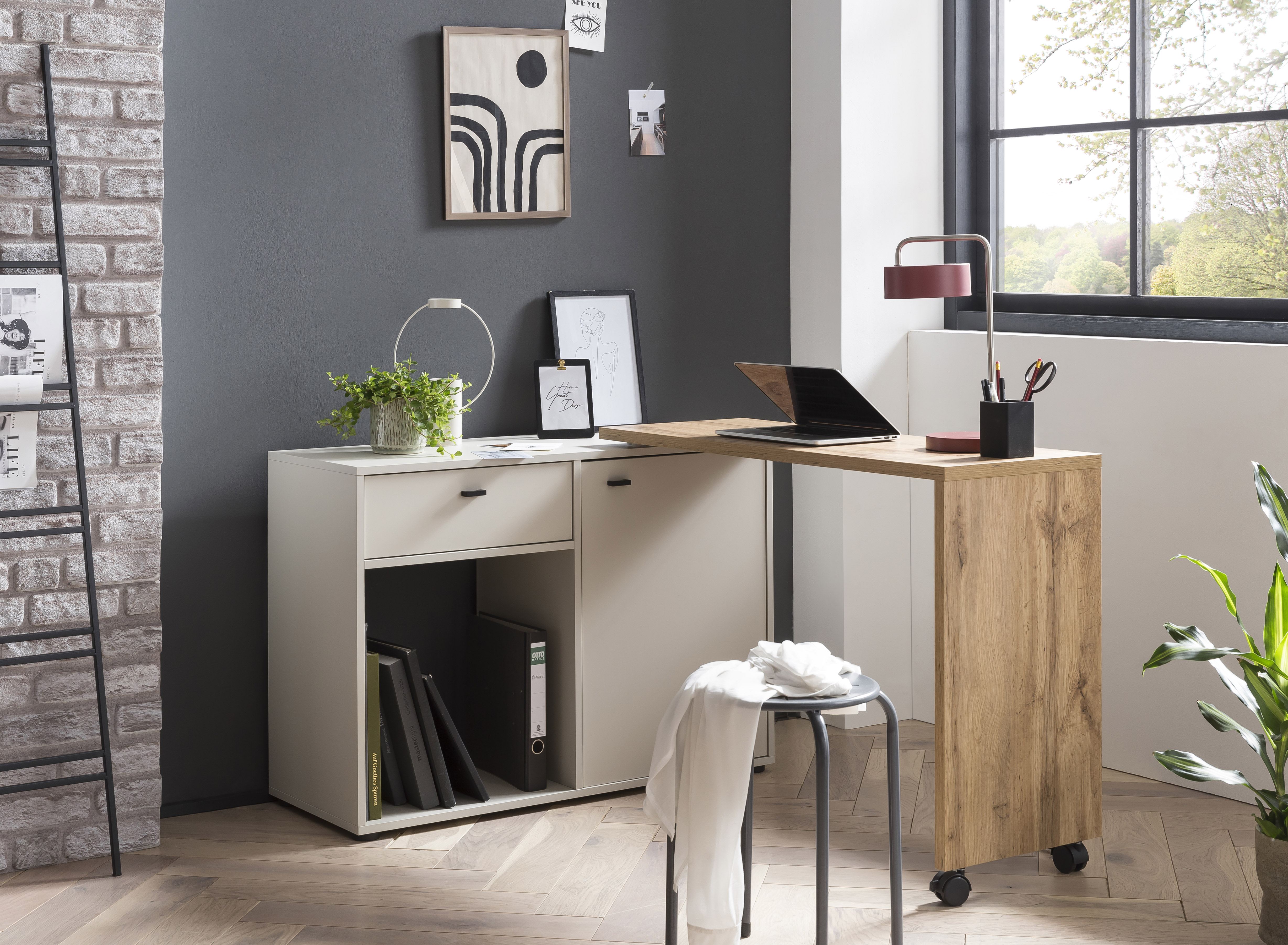 Möbelpartner Schreibtisch mit drehbarer Arbeitsplatte Monkey | HxBxT 75x105x39cm | 1 Schublade & 1 Aktenschrank mit 2 Fächern | Eiche/Weiß
