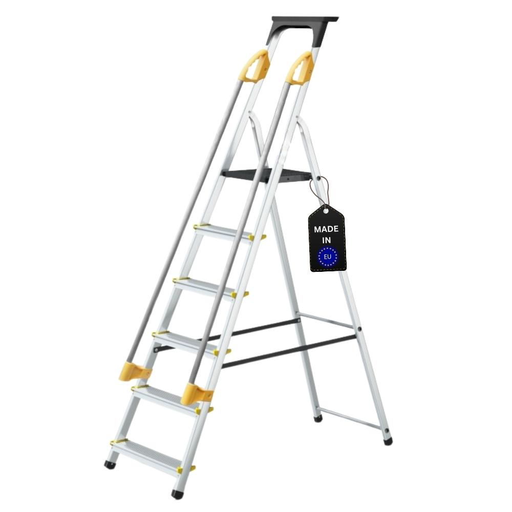 Stufenstehleiter mit Werkzeugablage & Handlauf ECONOMY BASIC | einseitig begehbar | 6 Stufen | Arbeitshöhe 3,19m | Traglast 150kg