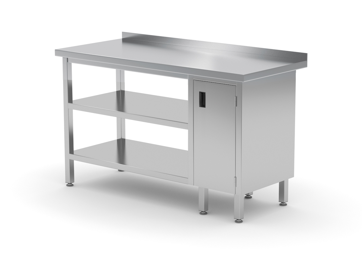 Edelstahl Gastro-Arbeitstisch mit Klapptür rechts sowie Grund- und Zwischenboden und Aufkantung | AISI 430 Qualität | HxBxT 85x100x70cm