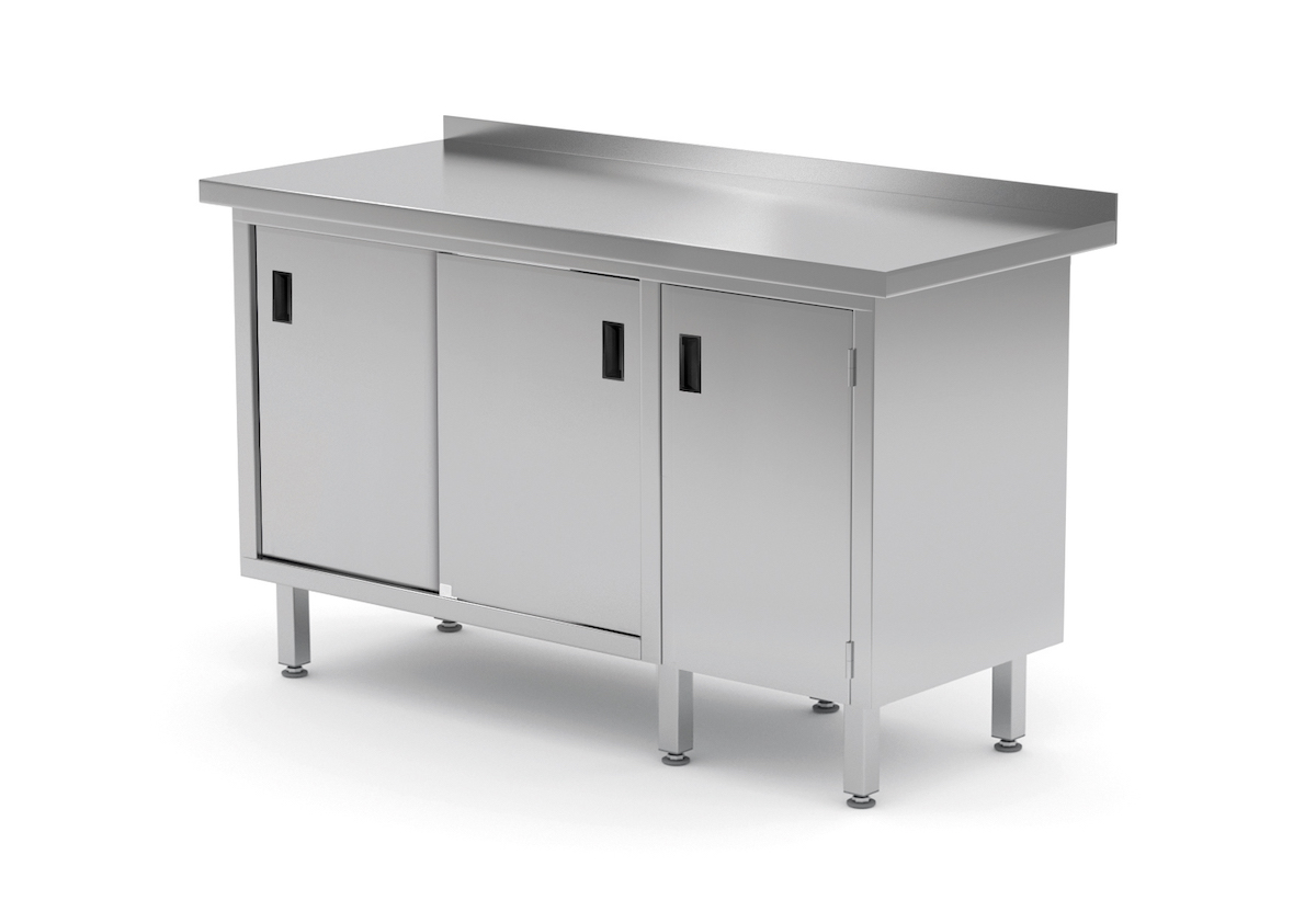 Edelstahl Gastro-Arbeitstisch mit 1 Klapptür links und 2 Schiebetüren | AISI 430 Qualität | HxBxT 85x120x60cm