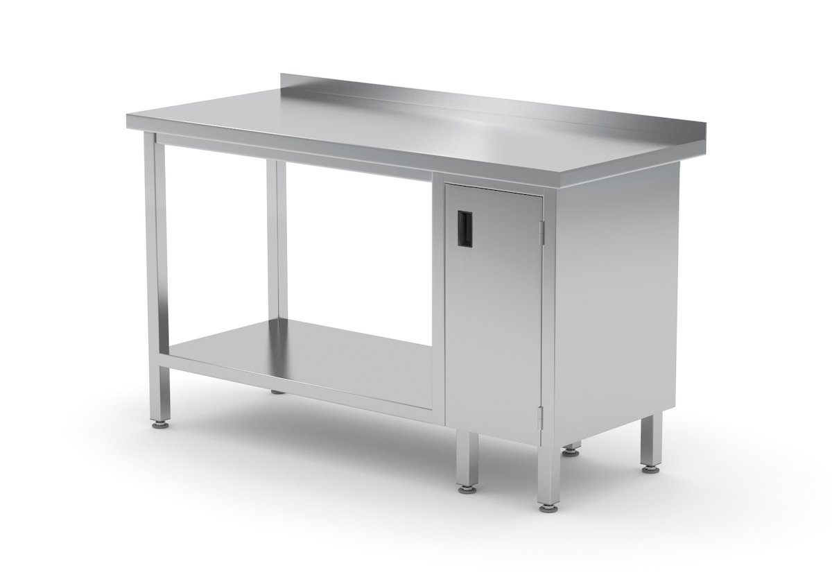 Edelstahl Gastro-Arbeitstisch mit Klapptür rechts sowie Grundboden und Aufkantung | AISI 430 Qualität | HxBxT 85x80x70cm