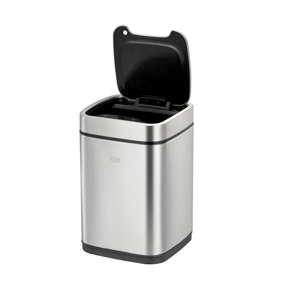 Stilvoller Abfallbehälter aus mattem Edelstahl mit Sensor & Touch-Bedienfeld | 6 Liter, HxBxT 31,5x21x21cm | Silber