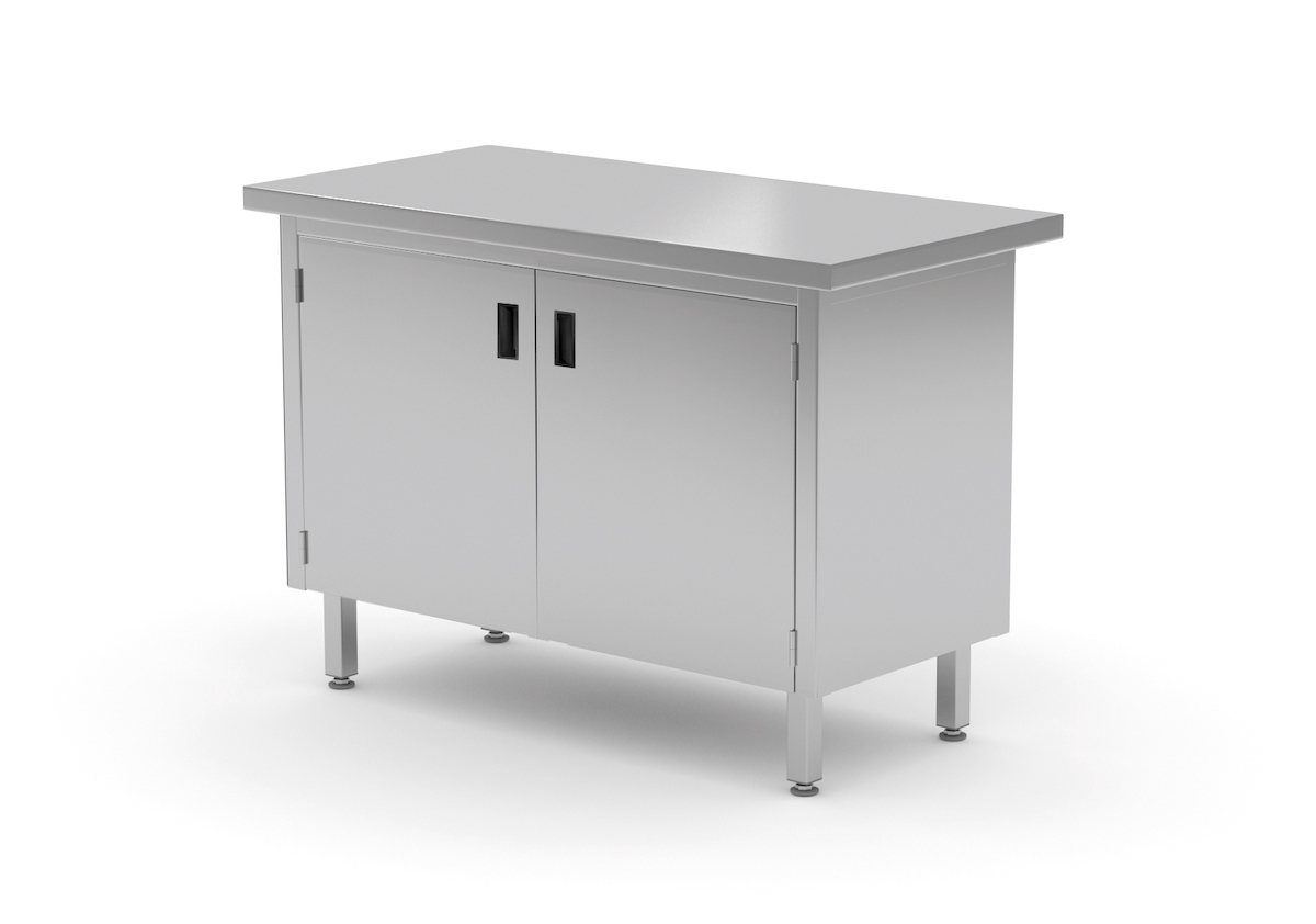 Edelstahl Gastro-Arbeitstisch mit 2 Klapptüren und ohne Aufkantung | AISI 430 Qualität | HxBxT 85x120x70cm