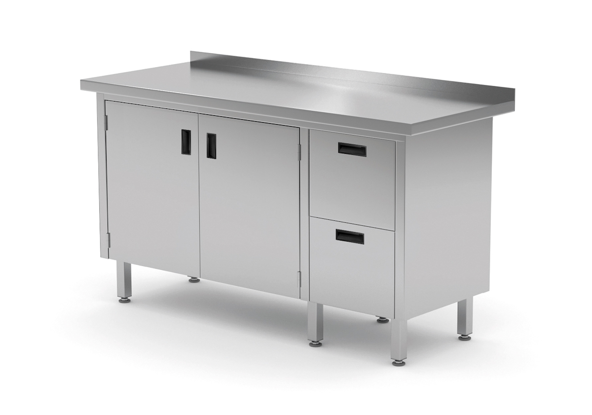 Edelstahl Gastro-Arbeitstisch mit 2 Schubladen und 2 Klapptüren | AISI 430 Qualität | HxBxT 85x130x60cm