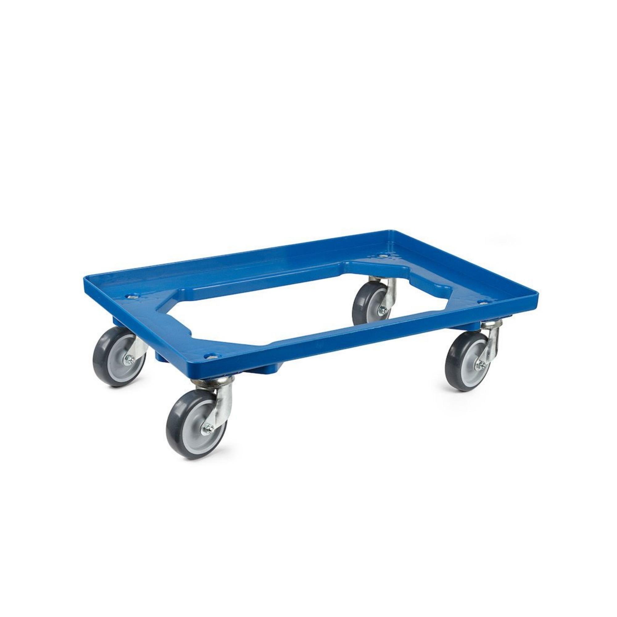 Transportroller für Euroboxen 60x40cm mit Gummiräder blau | Offenes Deck | 4 Lenkrollen | Traglast 300kg | Kistenroller Logistikroller Rollwagen Profi-Fahrgestell