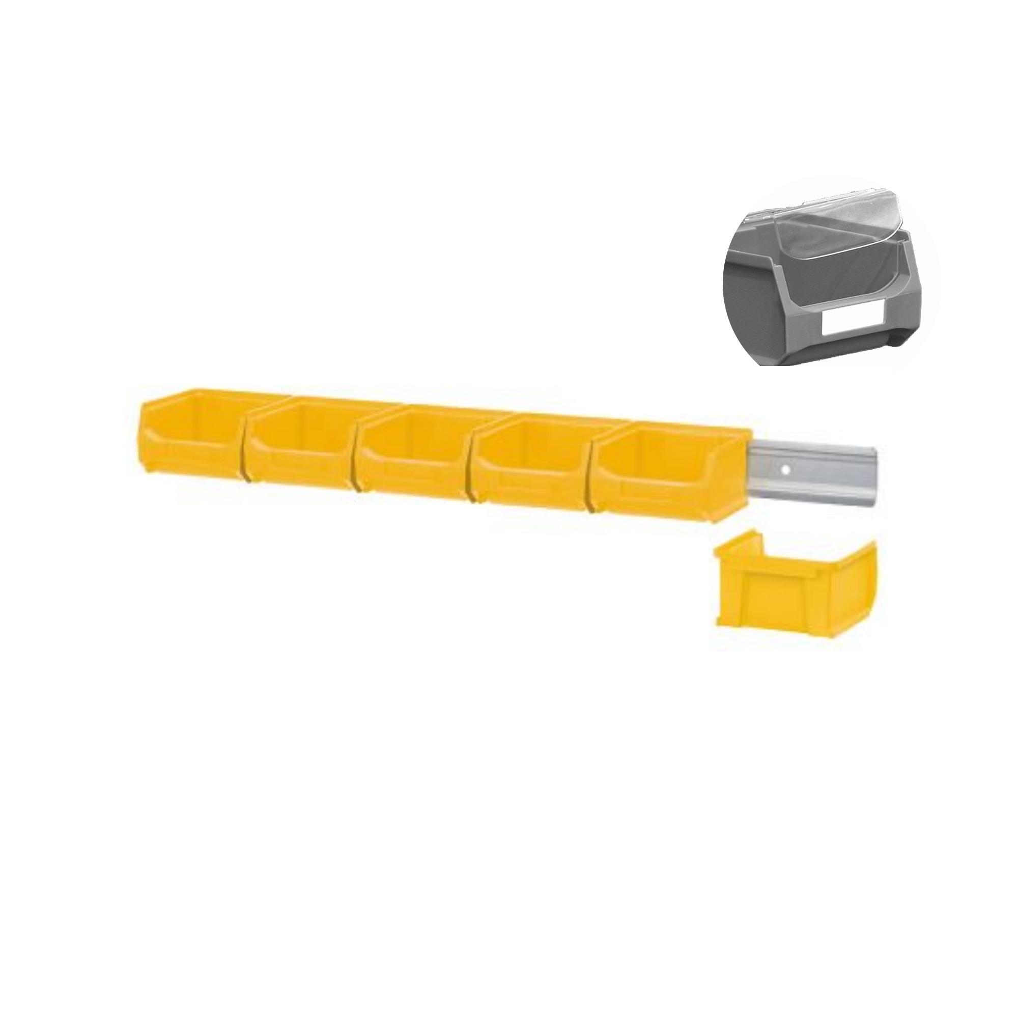 Wandleiste mit 6x Gelbe Sichtlagerbox 1.0 mit Abdeckung | HxBxT 6,1x60,5x10cm | Wandhalterung, Kleinteileaufbewahrung, Sortimentsboxhalterung