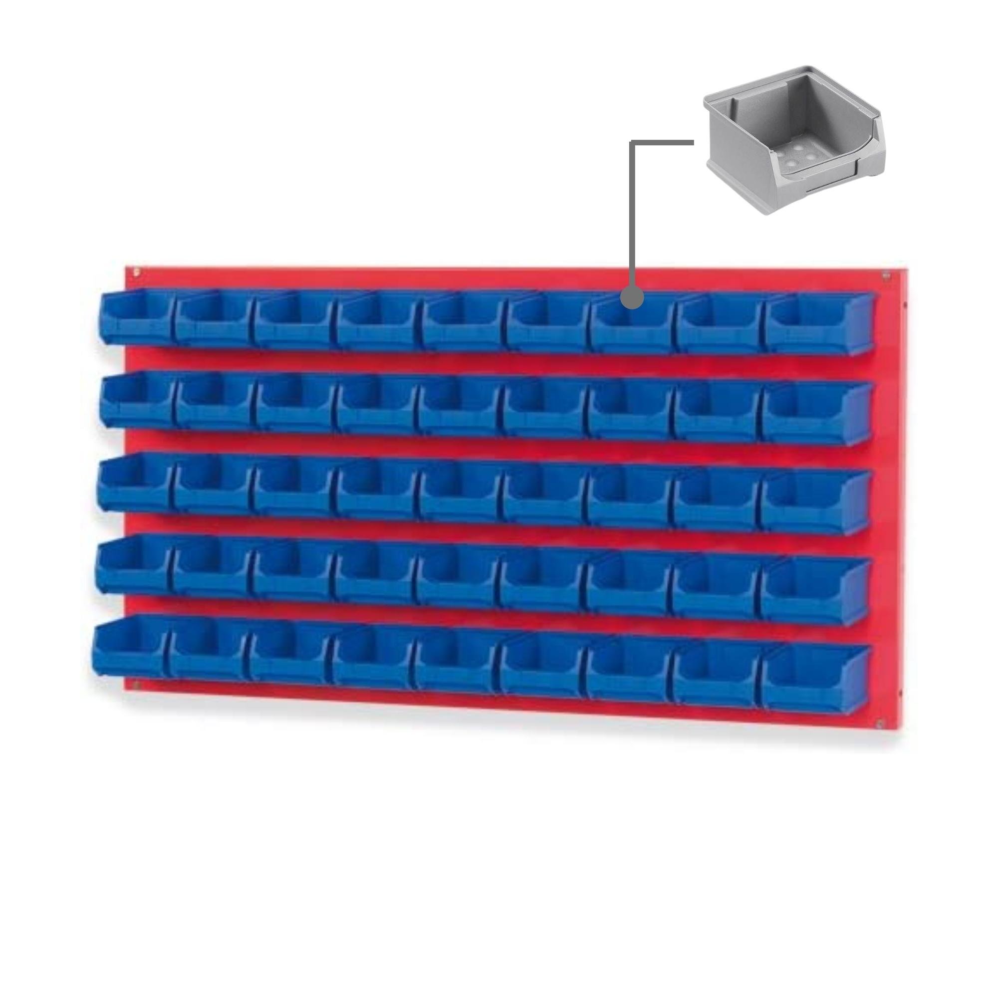 Trägersystem Rote Systemplatte mit 45x grauen Sichtlagerboxen 1.0 | Maße HxB 50x100cm | Sichtlagerbox, Sichtlagerbehälter, Sichtlagerkasten