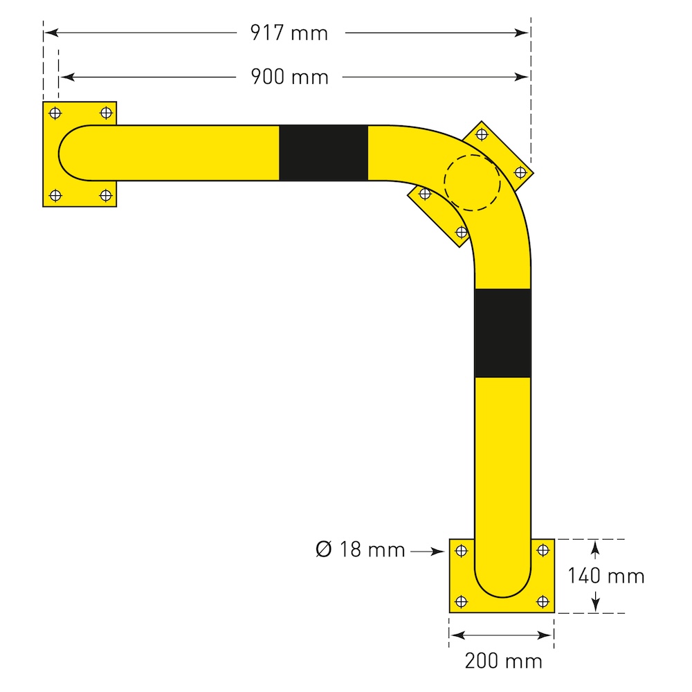 Eck-Rammschutz-Bügel XL | HxBxT 60x90x90cm | Rohr-Ø 10,8cm | Kunststoffbeschichteter Stahl | Schwarz-Gelb