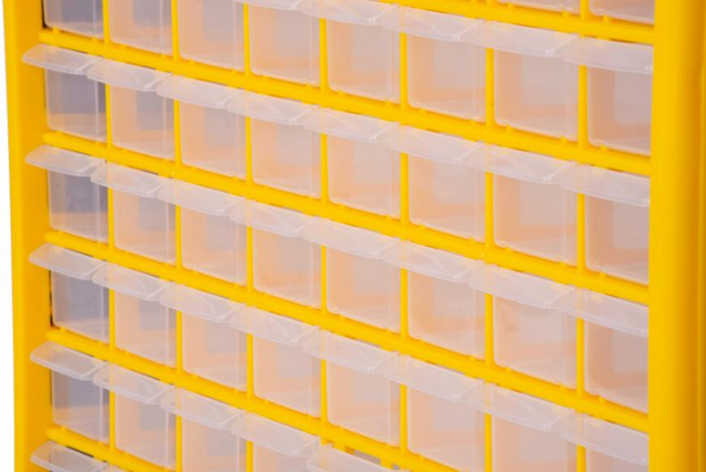 Cosimo Kleinteilemagazin mit 64 Schubfächer grau/gelb | HxBxT 39x50x16cm | Kleinteileregal, Sortimentsboxen, Sortimentskastenregal, Regalsystem