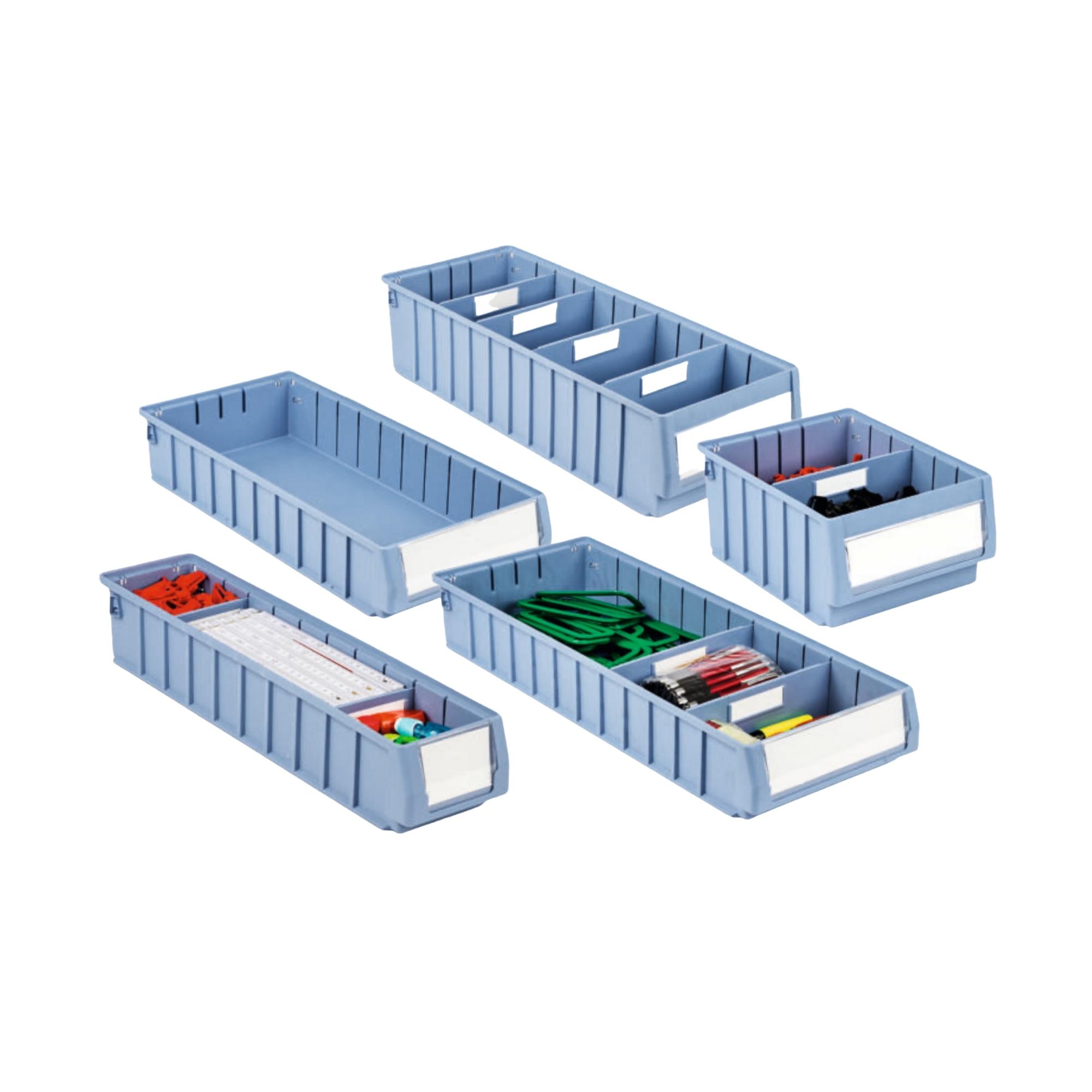 SparSet 5x Regalkasten 600 SN mit Etikett & Schutzhaube | HxBxT 9x11,7x60cm | 4,2 Liter | Sichtlagerkasten, Sortimentskasten, Sortimentsbox, Kleinteilebox