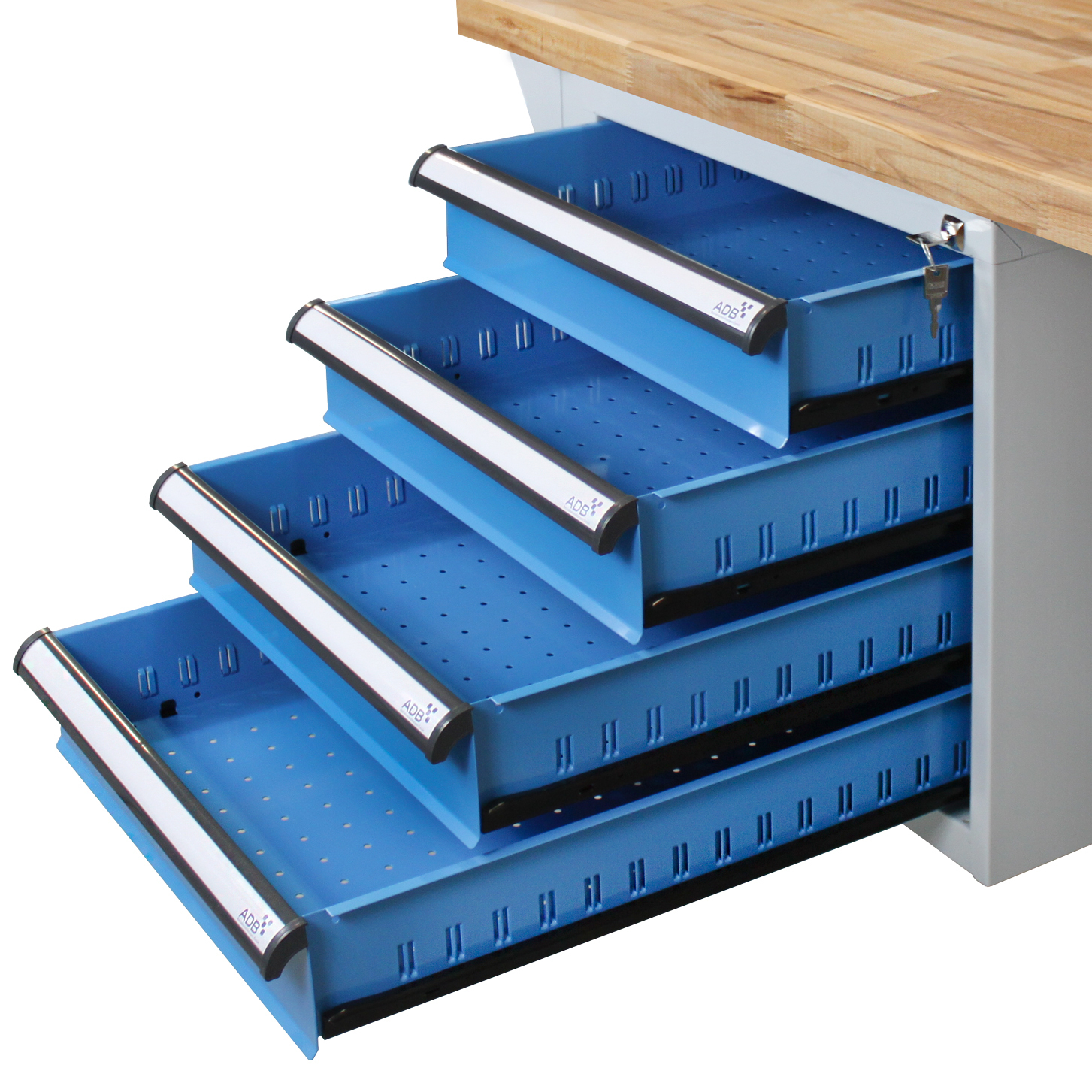 Werkbank Rhino Plus mit 4 Schubladen | HxBxT 84x150x70cm | Traglast 500kg | Lichtgrau/Lichtblau