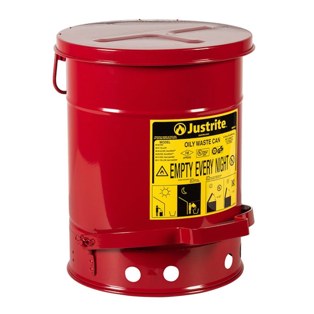 Justrite Sicherheits Öl-Entsorgungsbehälter aus Stahl mit Pedalöffnung & Geräuschunterdrückung | 23 Liter | Verzinkter Stahl | Rot