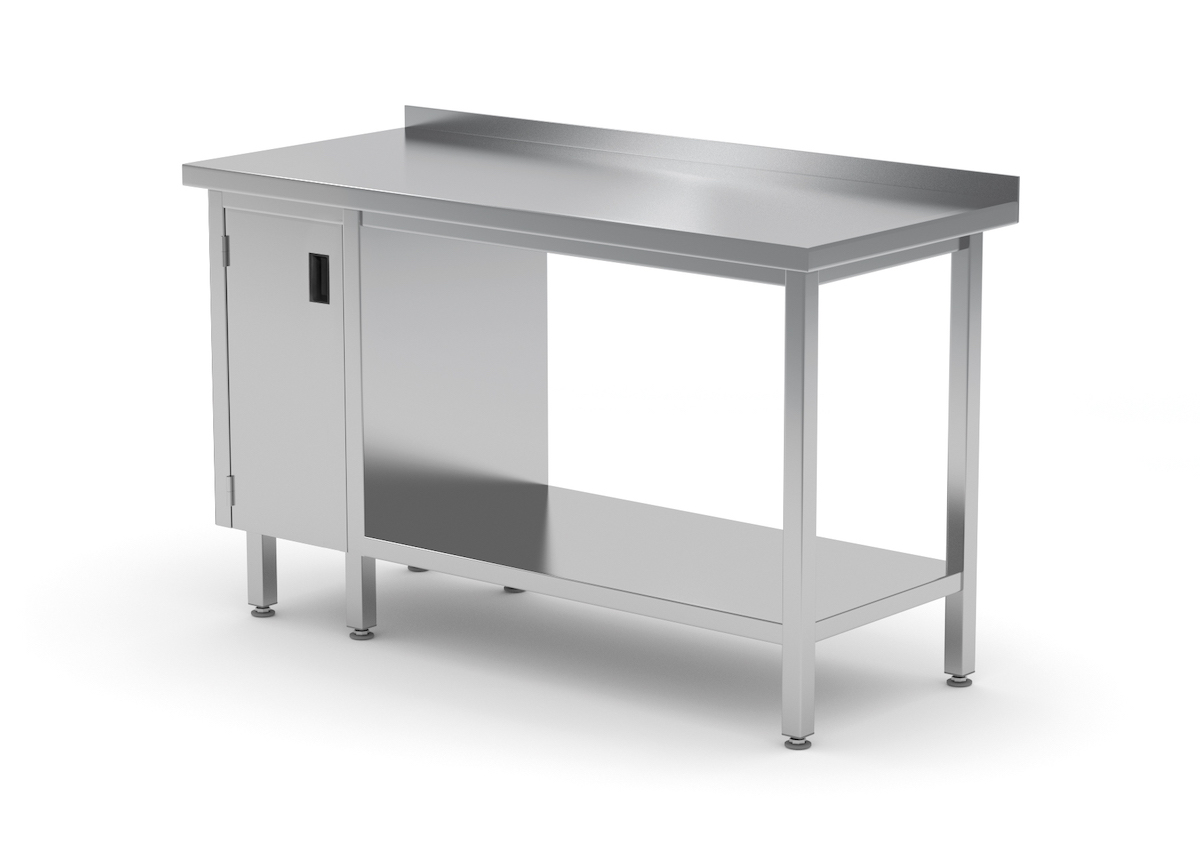 Edelstahl Gastro-Arbeitstisch mit Klapptür links sowie Grundboden und Aufkantung | AISI 430 Qualität | HxBxT 85x80x70cm