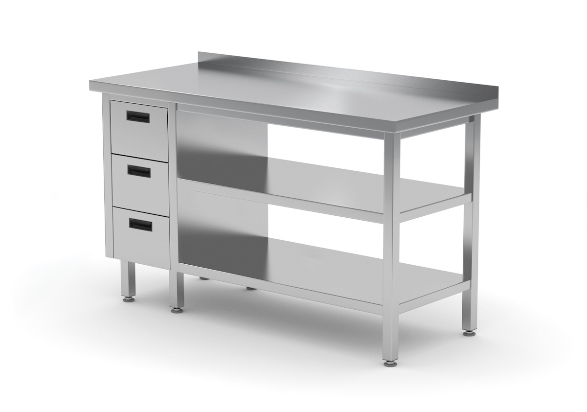 Edelstahl Gastro-Arbeitstisch mit 3 Schubladen links sowie Grund- und Zwischenboden und Aufkantung | AISI 430 Qualität | HxBxT 85x80x70cm