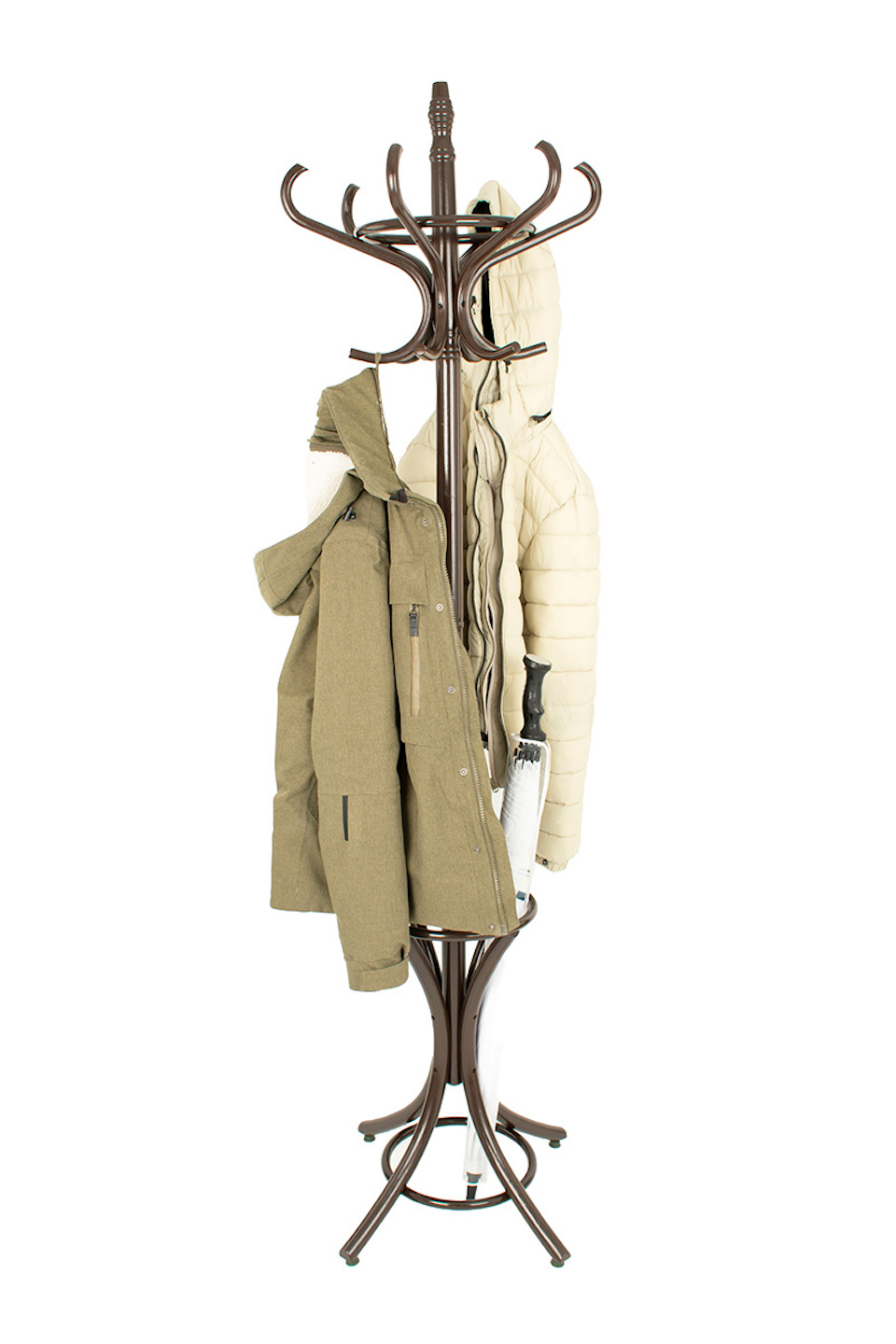 Freistehender Garderoben- & Regenschirmständer aus Holz | Höhe 185cm | Drehbare Krone & 12 Haken | Braun