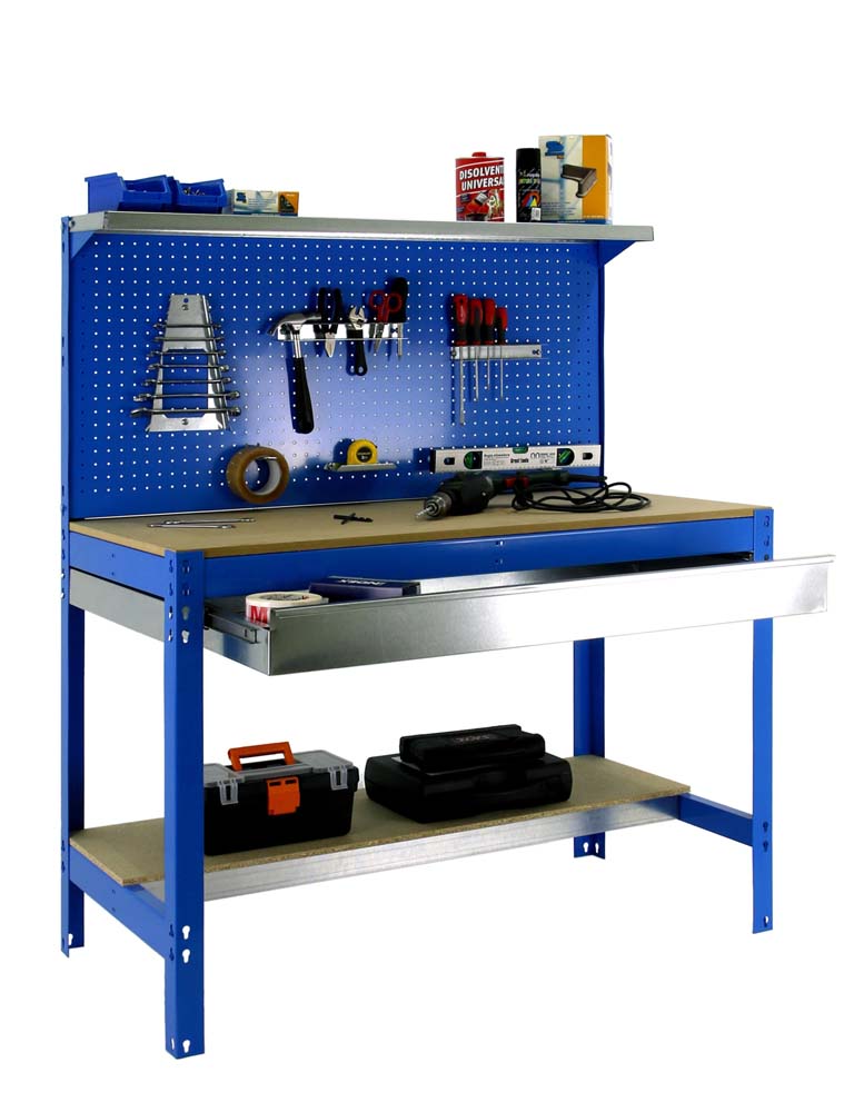 Werkbank BUFFALO mit Werkzeugwand, Schubfach und Ablage | HxBxT 84x120x61cm | Traglast 600kg | Blau