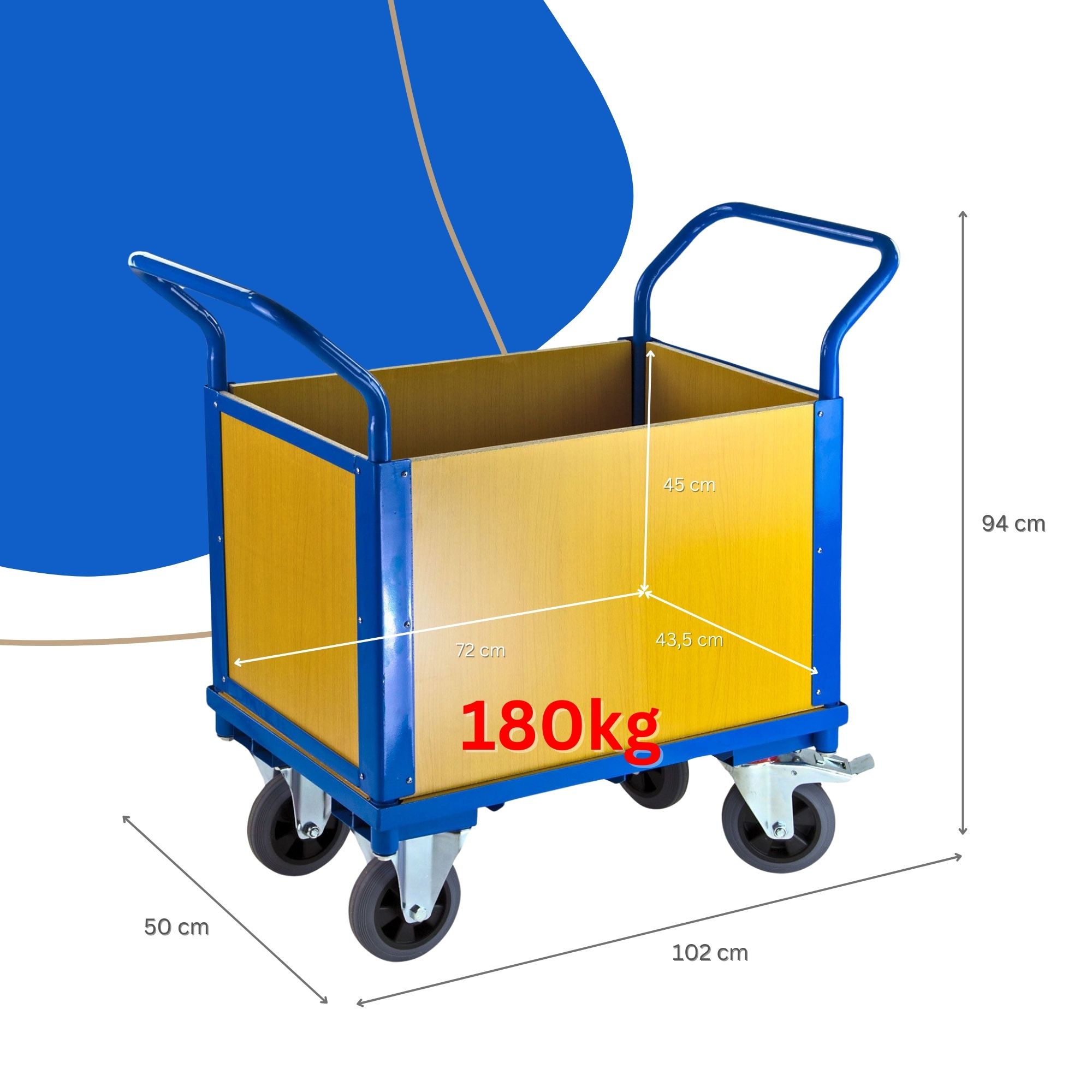 Transportwagen Doppelstirnwand + 2 Wände | HxBxL 94x50x102cm | Traglast 180kg | Lichtblau