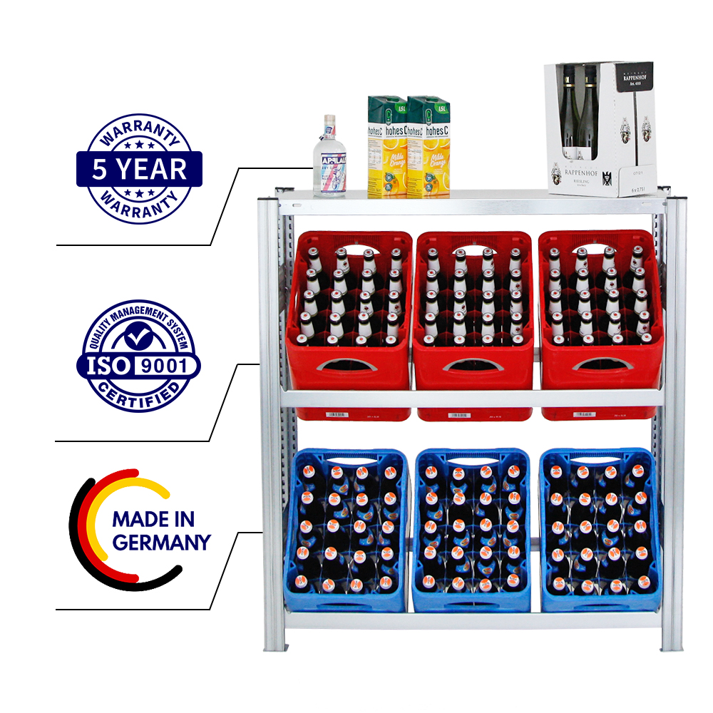 Getränkekistenregal Chiemsee Made in Germany | HxBxT 115x106x34cm | 6  Kisten auf 2 Ebenen + Board | Verzinkt
