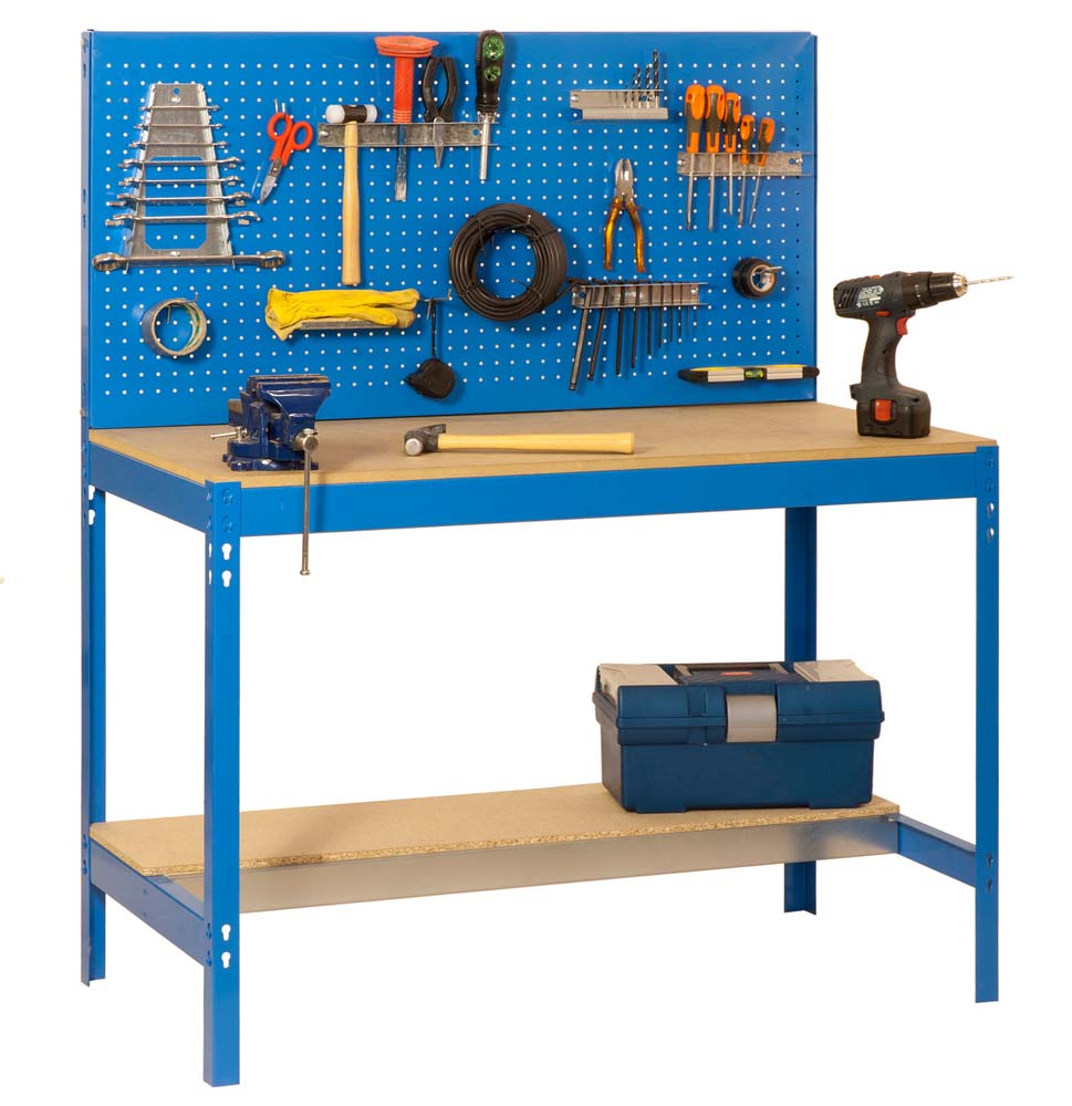 Werkbank BUFFALO mit Werkzeugwand | HxBxT 84x150x61cm | Traglast 600kg | Blau