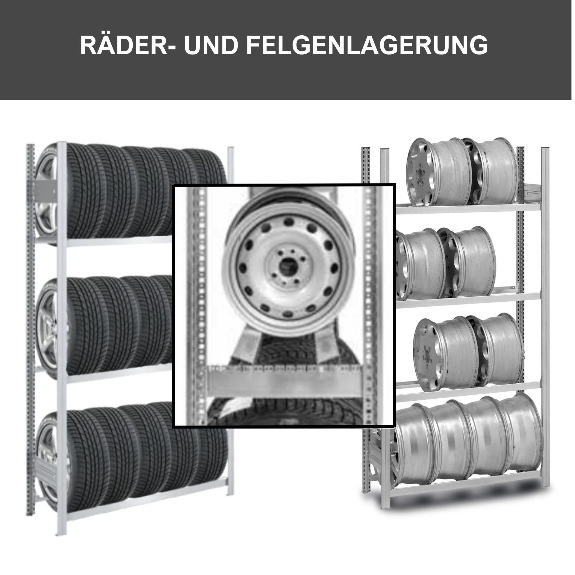 Reifenregal TIRE PRO Made in Germany | HxBxT 200x100x43cm | 3 Ebenen | 150kg Fachlast | Bis zu 5 Reifen pro Ebene | Verzinkt