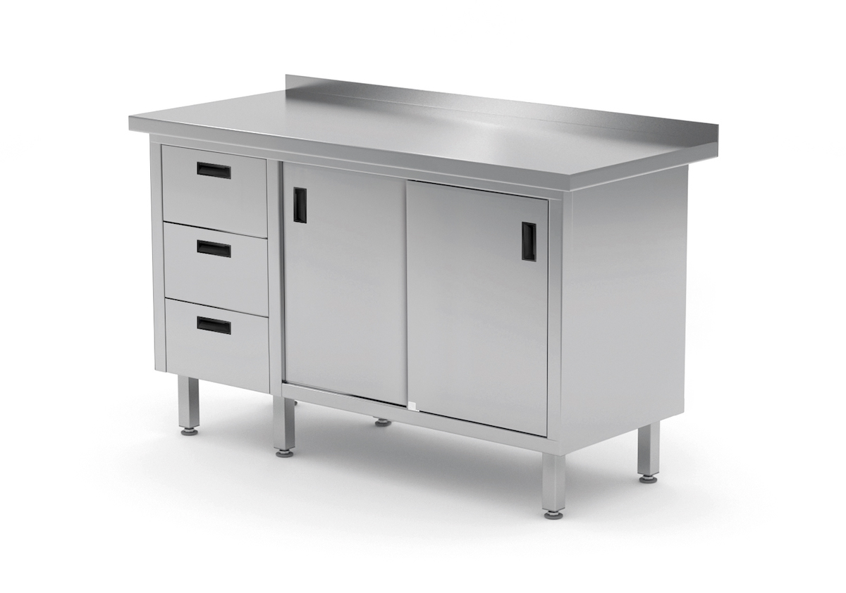 Edelstahl Gastro-Arbeitstisch mit 3 Schubladen und 2 Schiebetüren | AISI 430 Qualität | HxBxT 85x140x60cm