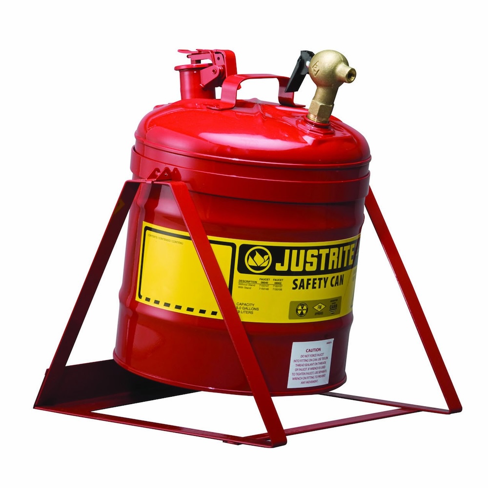 Justrite Sicherheitsbehälter Typ I als Stahl-Neigungsdose mit selbstschließender Armatur | 19 Liter | PP Hahn | Rot