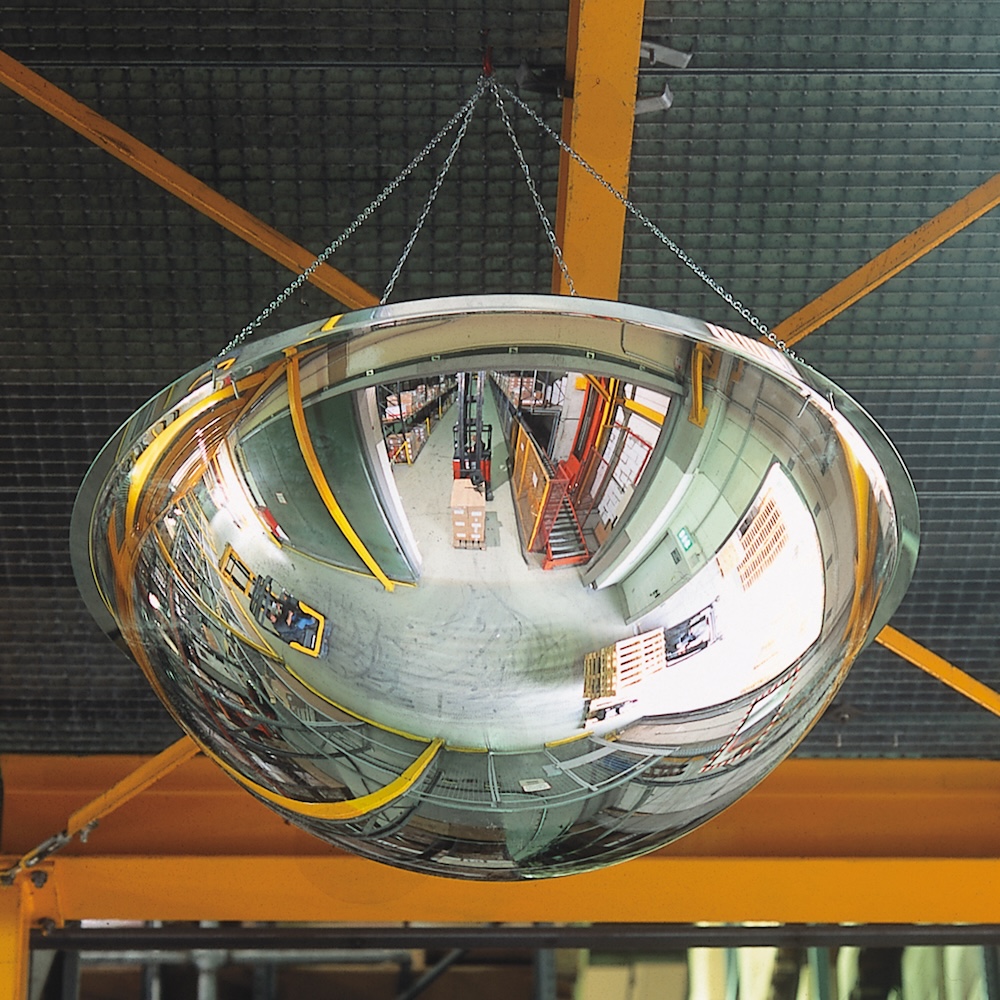 Vier-Wege-Bobachtungsspiegel mit 360° Blickwinkel aus Acrylglas | Kugelspiegel mit extremer Weitwinkel-Wirkung | HxBxT 90x90x34cm | Freihängend oder zum Aufdübeln an Flächen