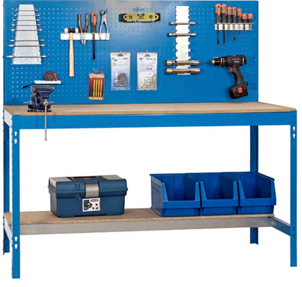 Werkbank BUFFALO mit Werkzeugwand | HxBxT 84x150x61cm | Traglast 600kg | Blau