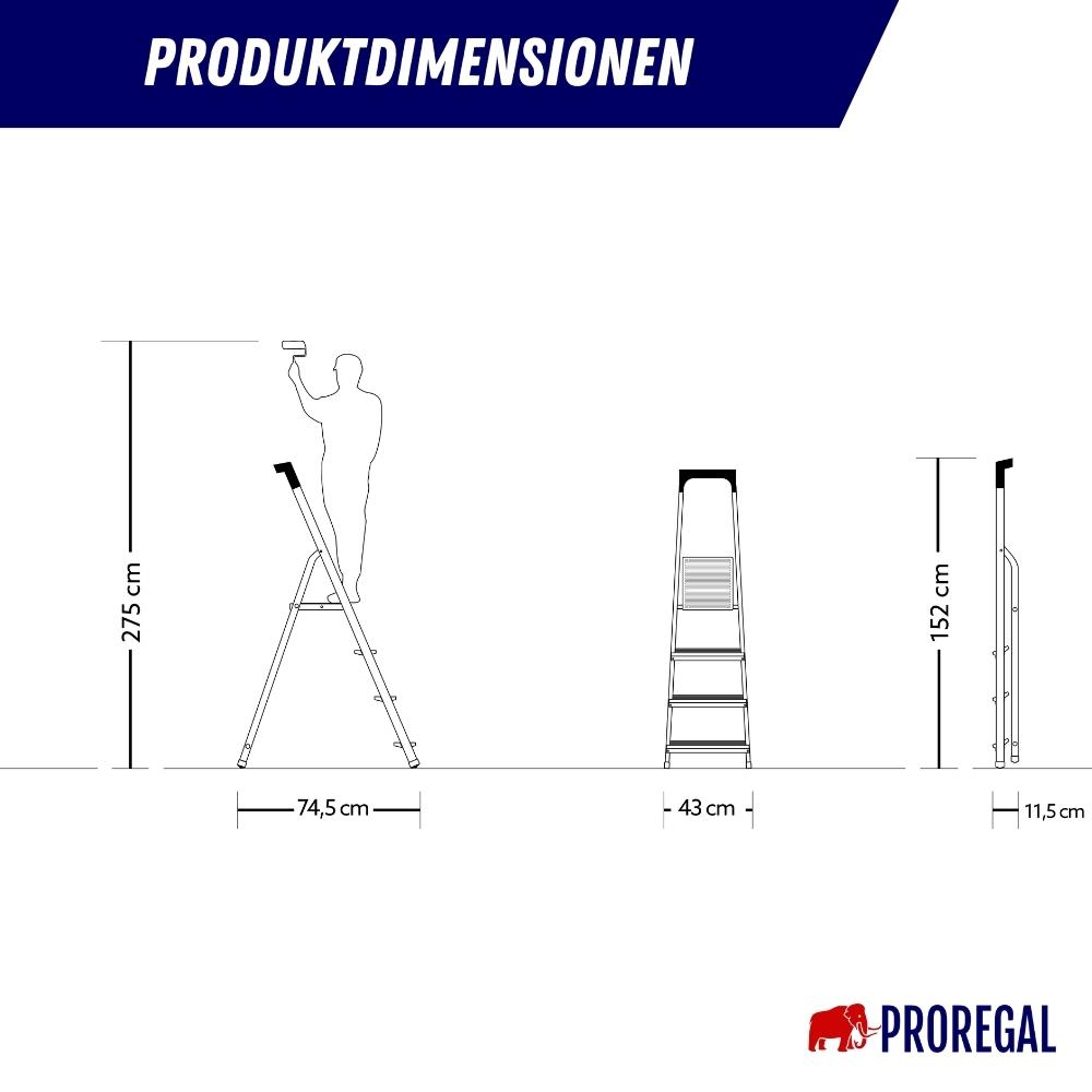 Stufenstehleiter mit Werkzeugablage ECONOMY BASIC | einseitig begehbar | 4 Stufen | Arbeitshöhe 2,75m | Traglast 150kg