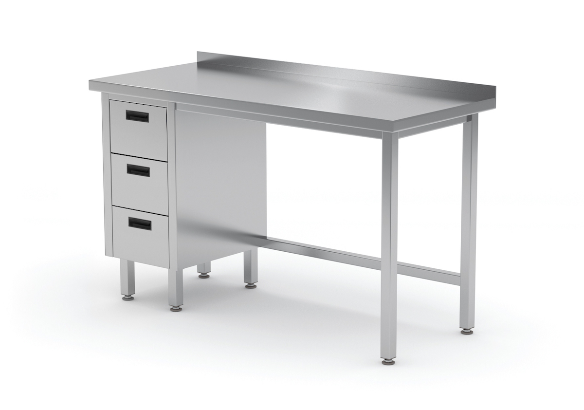 Edelstahl Gastro-Arbeitstisch mit 3 Schubladen links und Aufkantung | AISI 430 Qualität | HxBxT 85x80x60cm
