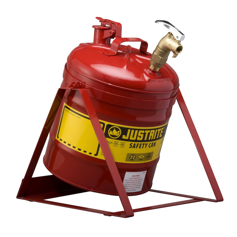 Justrite Sicherheitsbehälter Typ I als Stahl-Neigungsdose mit selbstschließender Armatur | 19 Liter | Edelstahl Hahn | Rot