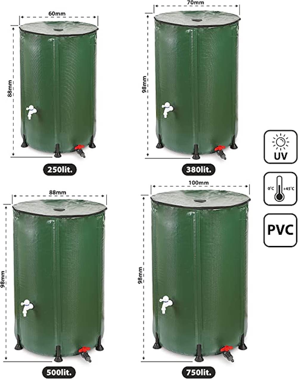 RENATA Faltbare grüne Regentonne aus UV-stabilem PVC, 750 Liter Volumen, inkl. Filter & Schlauchschnelladapter, Tonne, Regentonne, Mehrzweckfass, Kunststoffbehälter, Wassertank