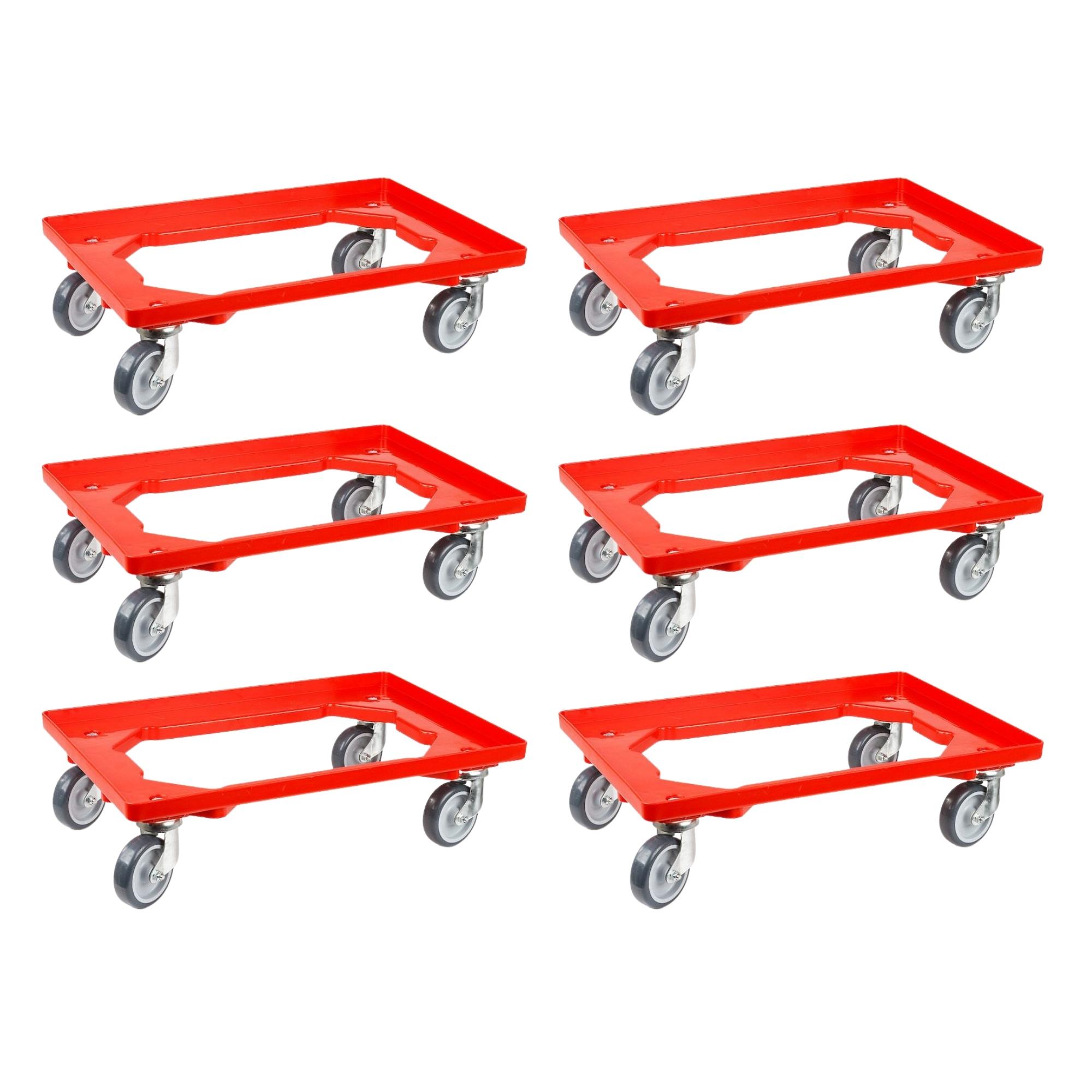 SparSet 6x Transportroller für Euroboxen 60x40cm mit Gummiräder rot | Offenes Deck | 4 Lenkrollen | Traglast 300kg | Kistenroller Logistikroller Rollwagen Profi-Fahrgestell