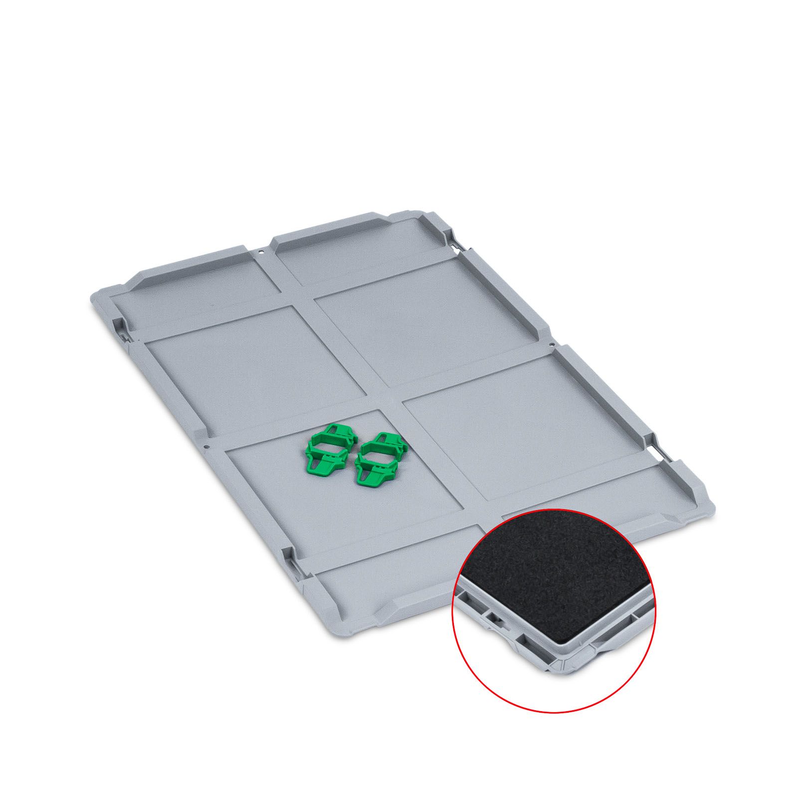 Auflagedeckel Set Eurobox NextGen mit Schaumstoff und 4 grüne Schiebeschnappverschlüsse | BxT 40x60cm | Eurobehälter, Transportbox, Transportbehälter, Stapelbehälter