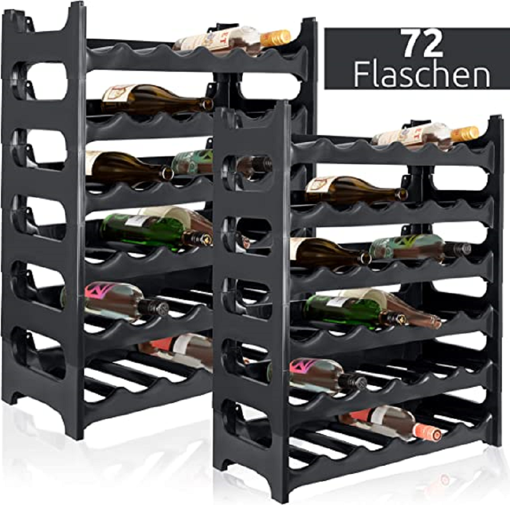 CURVA Weinregal 12x Ebenen für 72 Flaschen | HxBxT 134x60x30cm | Schwarz | Stapelbares Flaschenregal